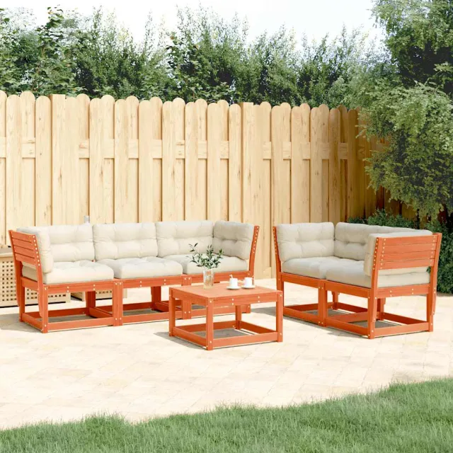 Salon de jardin 5 pcs avec coussins cire marron bois pin massif