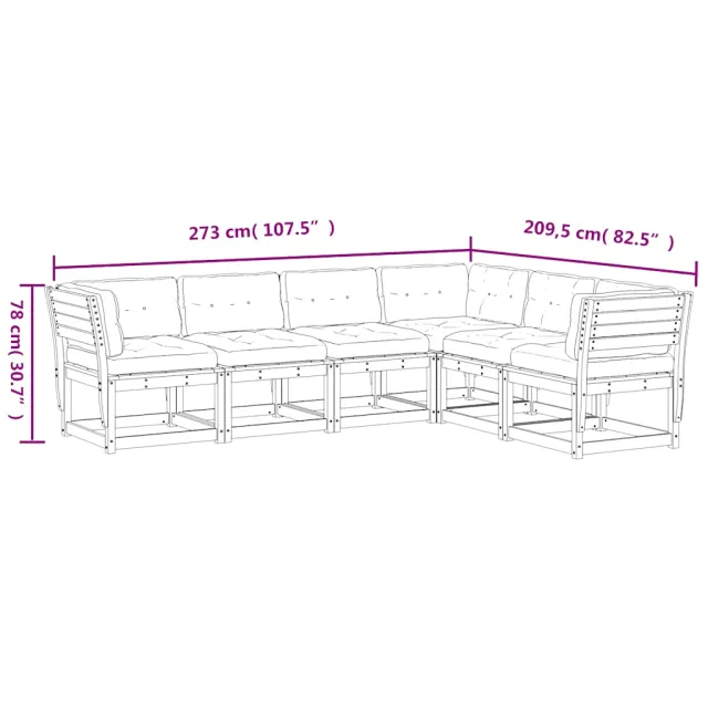 Salon de jardin 6 pcs avec coussins bois de pin massif