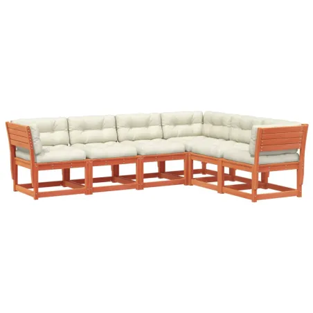Salon de jardin 6 pcs avec coussins cire marron bois pin massif