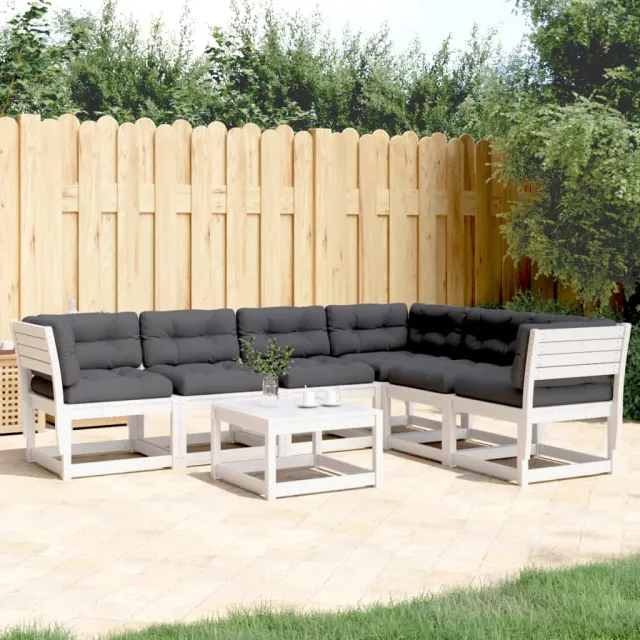 Salon de jardin 6 pcs avec coussins blanc bois massif de pin