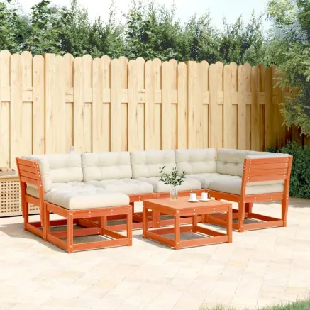 Salon de jardin 6 pcs avec coussins cire marron bois pin massif