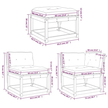 Salon de jardin 6 pcs avec coussins cire marron bois pin massif