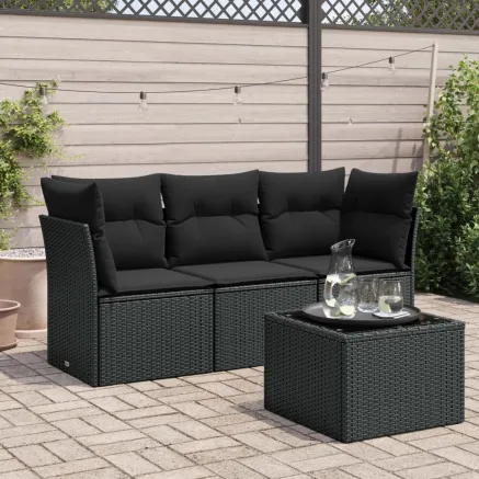 Salon de jardin 4 pcs avec coussins noir résine tressée