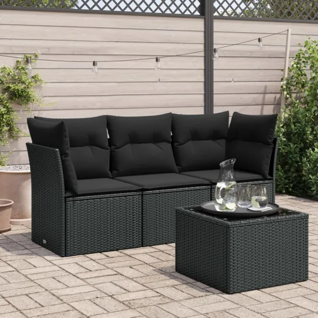 Salon de jardin 4 pcs avec coussins noir résine tressée