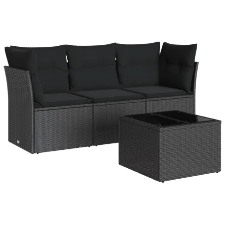 Salon de jardin 4 pcs avec coussins noir résine tressée