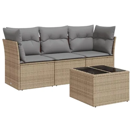 Salon de jardin avec coussins 4 pcs beige résine tressée 2