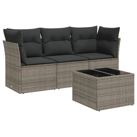 Salon de jardin 4 pcs avec coussins gris résine tressée