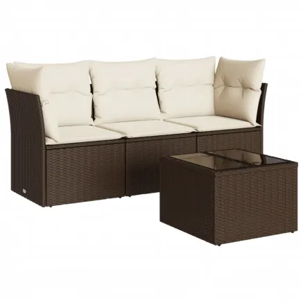 Salon de jardin 4 pcs avec coussins marron résine tressée 2