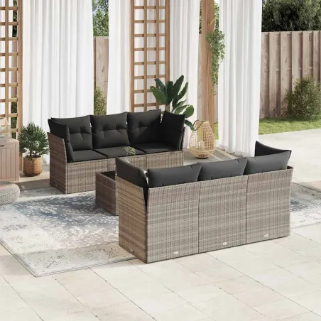 Salon de jardin avec coussins 7 pcs gris clair résine tressée