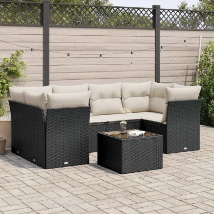 Salon de jardin 7 pcs avec coussins noir résine tressée