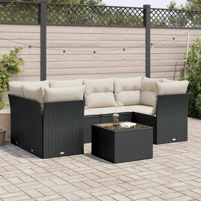 Salon de jardin 7 pcs avec coussins noir résine tressée