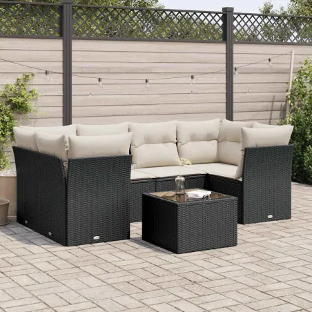 Salon de jardin 7 pcs avec coussins noir résine tressée