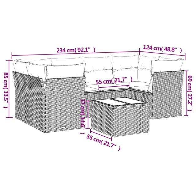 Salon de jardin 7 pcs avec coussins noir résine tressée