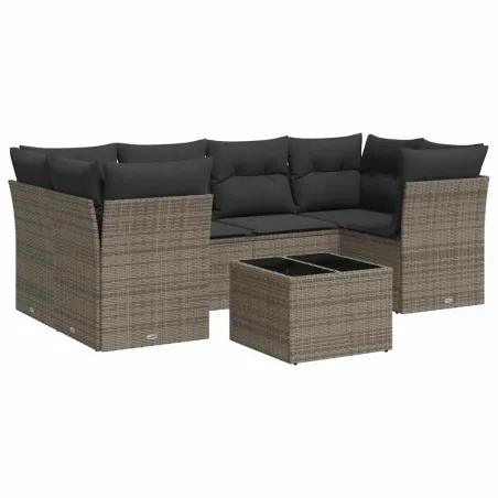 Salon de jardin avec coussins 7 pcs gris résine tressée