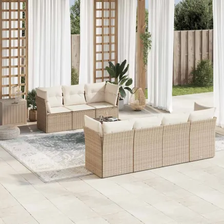 Salon de jardin avec coussins 8 pcs beige résine tressée