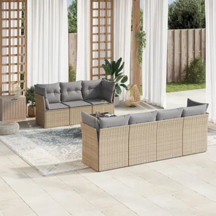 Salon de jardin avec coussins 8 pcs beige résine tressée