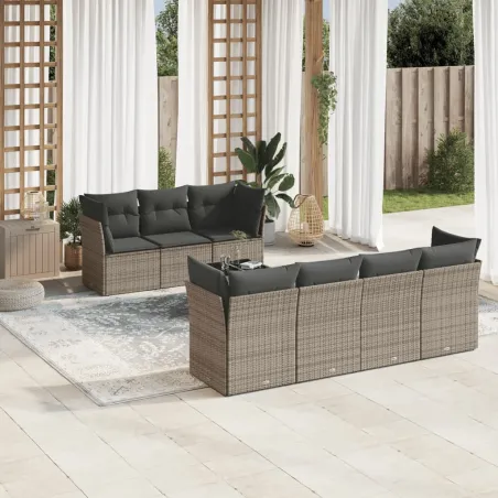 Salon de jardin 8 pcs avec coussins gris résine tressée