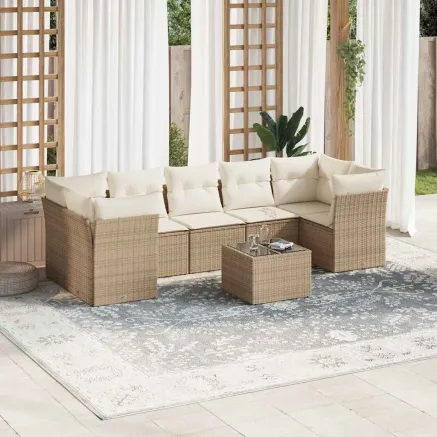 Salon de jardin avec coussins 8 pcs beige résine tressée