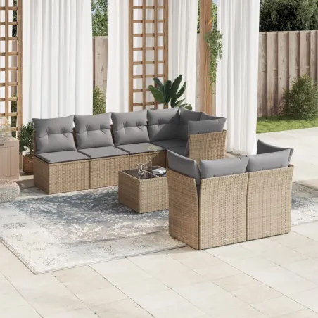 Salon de jardin avec coussins 8 pcs beige résine tressée