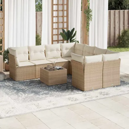 Salon de jardin avec coussins 9 pcs beige résine tressée