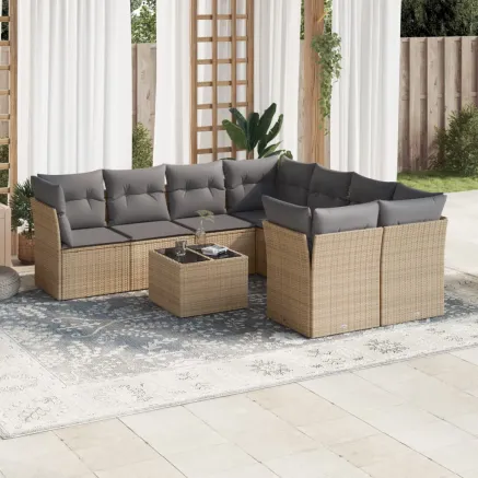 Salon de jardin avec coussins 9 pcs beige résine tressée