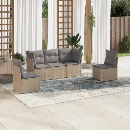 Salon de jardin avec coussins 5 pcs beige résine tressée