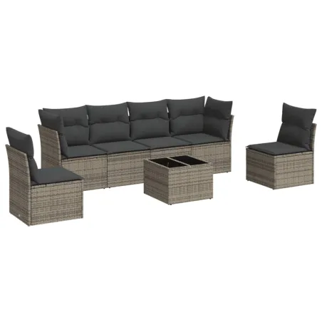 Salon de jardin avec coussins 7 pcs gris résine tressée