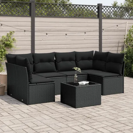 Salon de jardin 7 pcs avec coussins noir résine tressée