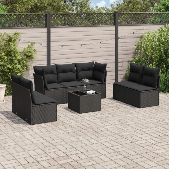 Salon de jardin 8 pcs avec coussins noir résine tressée