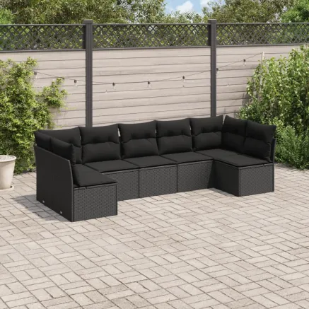Salon de jardin 7 pcs avec coussins noir résine tressée