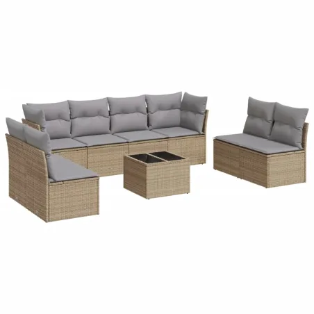 Salon de jardin avec coussins 9 pcs beige résine tressée