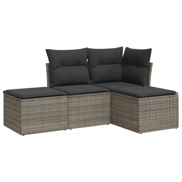 Salon de jardin 4 pcs avec coussins gris résine tressée