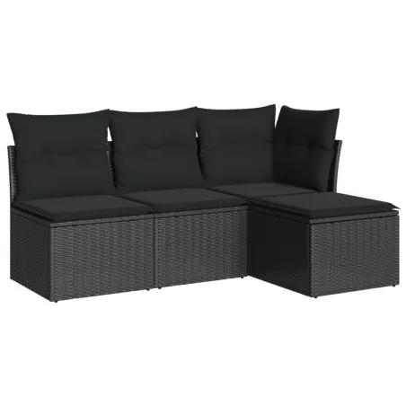 Salon de jardin 4 pcs avec coussins noir résine tressée