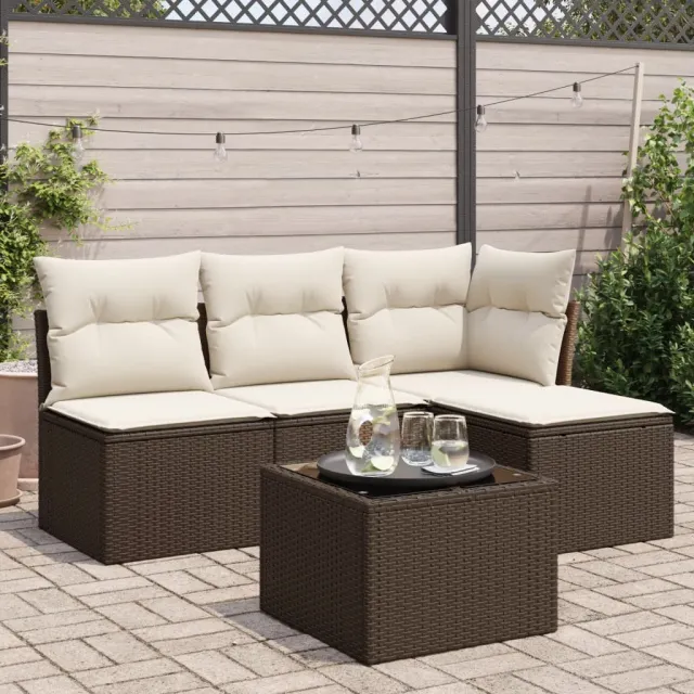 Salon de jardin avec coussins 5 pcs marron résine tressée