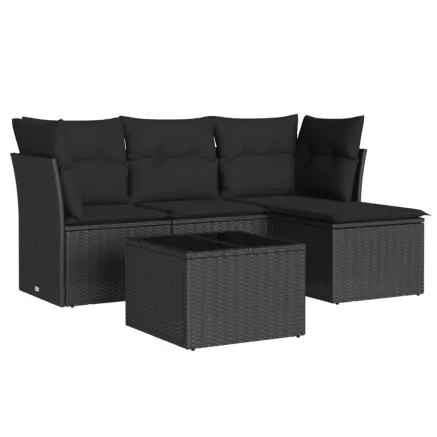 Salon de jardin 5 pcs avec coussins noir résine tressée 2