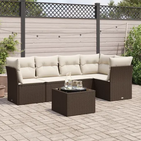 Salon de jardin avec coussins 6 pcs marron résine tressée