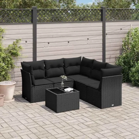 Salon de jardin 6 pcs avec coussins noir résine tressée