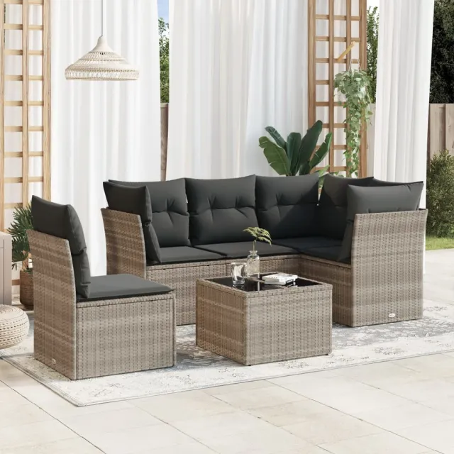 Salon de jardin 6 pcs avec coussins gris clair résine tressée