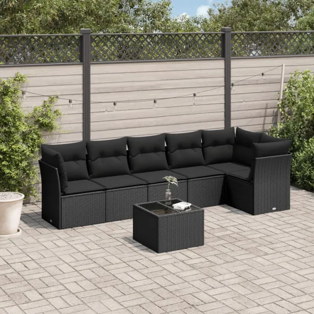 Salon de jardin 7 pcs avec coussins noir résine tressée