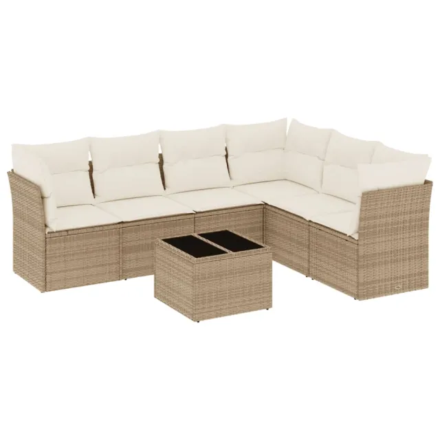 Salon de jardin avec coussins 7 pcs beige résine tressée