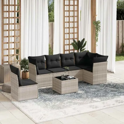 Salon de jardin avec coussins 7 pcs gris clair résine tressée