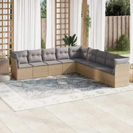 Salon de jardin avec coussins 9 pcs beige résine tressée