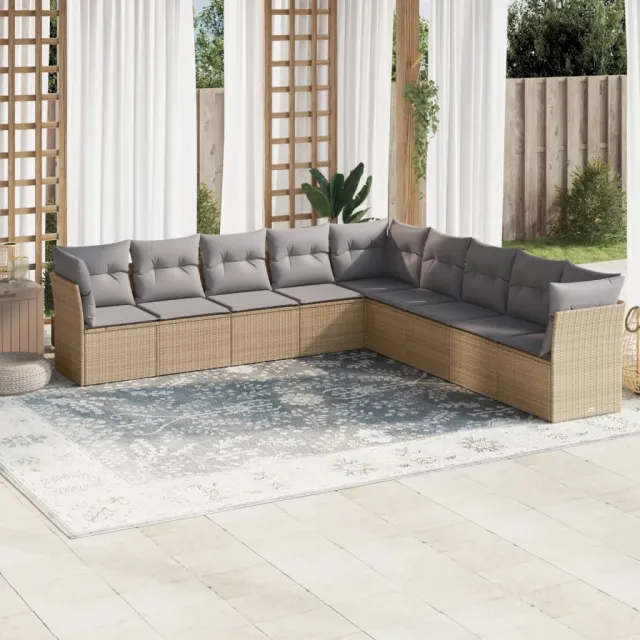 Salon de jardin avec coussins 9 pcs beige résine tressée