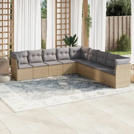 Salon de jardin avec coussins 9 pcs beige résine tressée