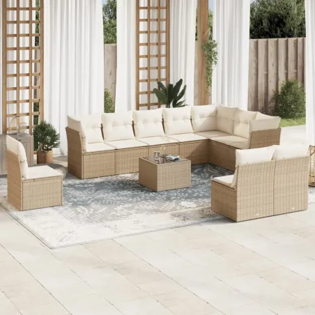Salon de jardin 11 pcs avec coussins beige résine tressée