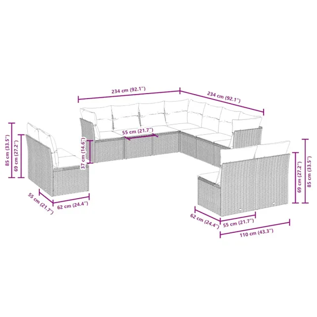 Salon de jardin 11 pcs avec coussins gris clair résine tressée
