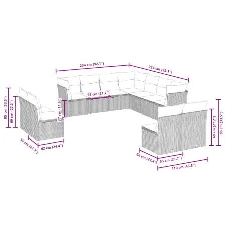 Salon de jardin 11 pcs avec coussins gris clair résine tressée