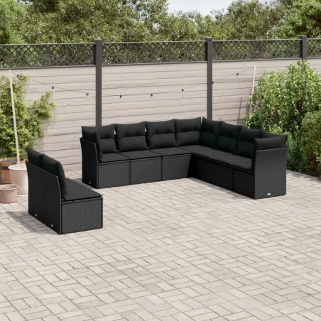 Salon de jardin 9 pcs avec coussins noir résine tressée