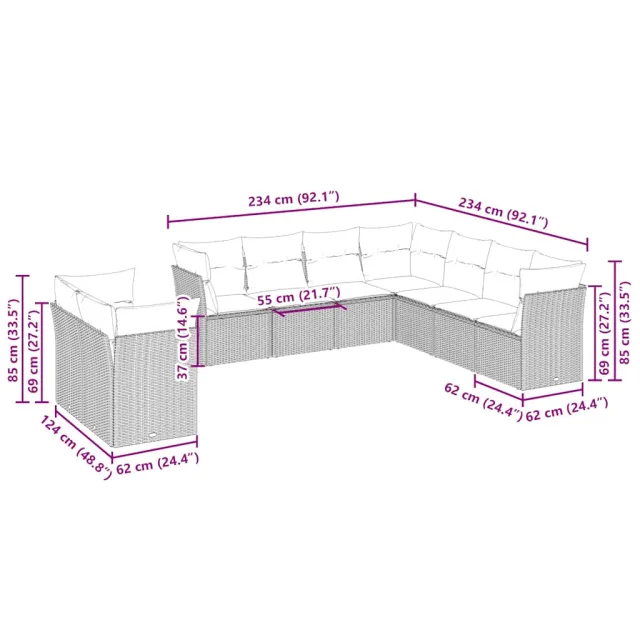 Salon de jardin 9 pcs avec coussins gris clair résine tressée