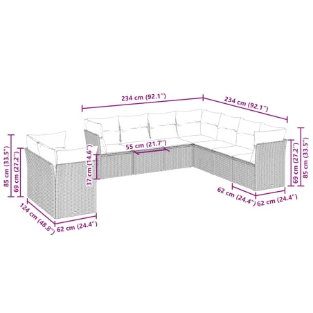 Salon de jardin 9 pcs avec coussins gris clair résine tressée